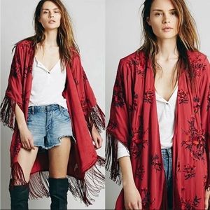 Free People Floral Red Maroon Fringe Embroidered Kimono S/M